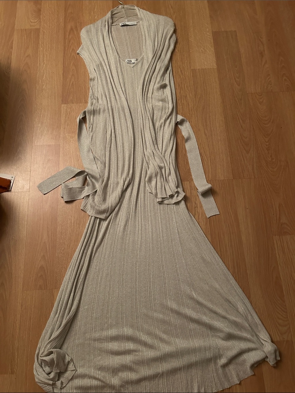 Zara Metallic Silver-Gray Maxi Slip Dress and belted vest co-ord set, M